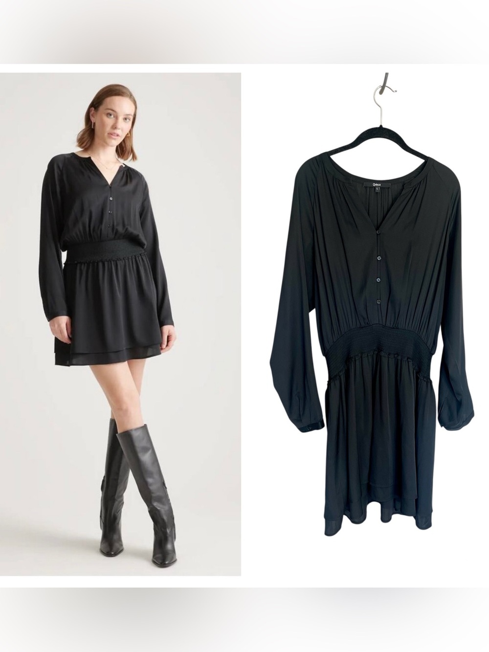 Quince black washable stretch silk satin long sleeve tiered mini dress sz L